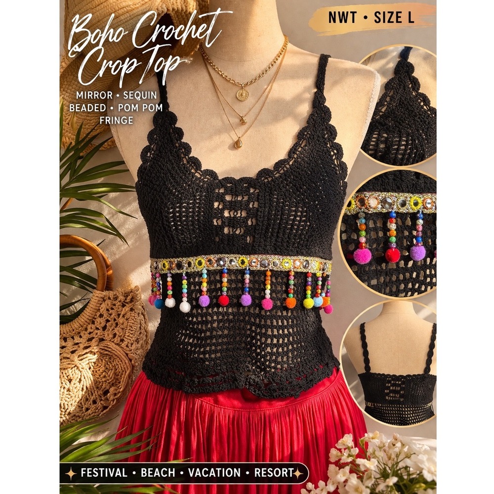 Black Crochet Boho Crop Top Festival Beach Mirror Beaded Fringe NWT L